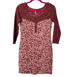 Free People Dress Womens Small Maroon Lace Fitted Long Sleeve Scoop Neck Boho